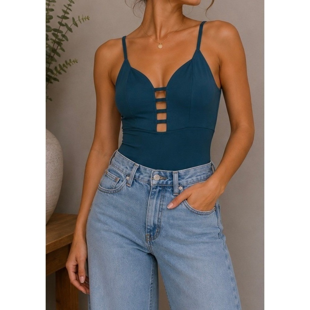 Teal Blue Ladder Cutout V-Neck Bodysuit Adjustable Straps Snap Closure Size-L